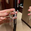 Sparkling silver butterfly tassel earrings with long rhinestone fringe details - Full Rhinestone Bow Tassel (Style 2)