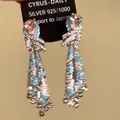 Detailed view of ethnic style long tassel earrings with pink teardrop stones and blue inlay - 4# Silver Post - Silver Blue Pink