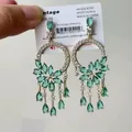 Macro detail of ethnic silver earrings with green water drop crystal tassels - 15# Silver Post - Silver Green
