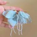 Handmade light blue fabric flower earrings with white beaded tassels for vacation style - Mesh Flower Tassel Style / Green-Gold