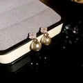 Close-up of elegant flower zircon earrings with pearl drops in a luxury gift box - Flower Pearl Stud Earrings / 1 Pair Pack / Silver