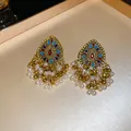 Detail of vintage gold earrings with colorful enamel and dangling pearls. - 13# Steel Post (13#)
