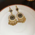 Elegant vintage gold dangle earrings with dark stones, pearls and metallic leaf fringe - 45# Ear Hook (45#)