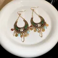 Vintage gold crescent tassel earrings with colorful beads and a clear teardrop pendant - 48# Ear Hook (48#)