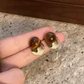 Close-up of retro Maillard style resin stud earrings with gold metal disc detail - Silver Earring Post Style