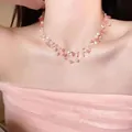 Dopamine style multi-strand pink zircon and pearl necklace variant for summer look - Pink and White Multi-layer Bead Style / Pink-White