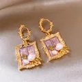 French vintage gold window frame earrings with white pearls and purple accents for women - Vintage Window Side Gold Purple Gradient Pearl (5#)
