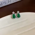 Elegant green enamel gourd stud earrings with brilliant zircon halo and silver needle - Silver Needle Gourd Style / Silver/Green