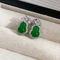 Elegant green gourd stud earrings with white zircon accents on beige display tray - Ear Clip Gourd Style / Silver/Green