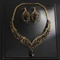 Vintage gold jewelry set with black teardrop rhinestones showing necklace and earrings - Necklace And Earrings Set (1#) / Gold-Black
