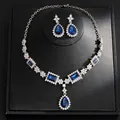 Elegant blue teardrop crystal necklace and earrings jewelry set for luxury fashion - Necklace And Earrings Set (3#) / Silver-Blue