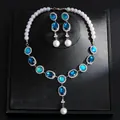 Exquisite detailed view of vintage jewelry set with blue rhinestones and white pearls - Necklace And Earrings Set (5#) / Silver Blue Pearl