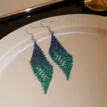 Luxurious long tassel rhinestone feather drop earrings with blue to green gradient finish - Rhombus Style / Green