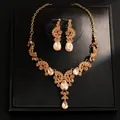 Detailed close-up shot of a luxury champagne rhinestone necklace and earring set - Necklace And Earrings Set (9#) / Gold - Champagne