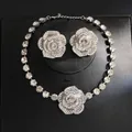 Detailed shot of sparkling rhinestone rose necklace and earring set on black display - Necklace And Earrings Set (11#) / Silver-Rose
