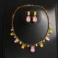 Detailed view of the colorful pear-cut crystal necklace and earrings jewelry set - Necklace And Earrings Set (16#) / Gold Multicolor Rhinestone