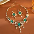 Vintage gold jewelry set with green teardrop pendants and sparkling rhinestones - Necklace And Earrings Set (13#) / Gold-Green