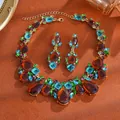 Vintage multicolor teardrop gemstone necklace and earrings jewelry set in gold tone finish - Necklace And Earrings Set (14#) / Gold-Multicolor