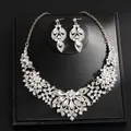 Elegant silver-toned floral rhinestone necklace and drop earring jewelry set for wedding - Necklace And Earrings Set (25#) / Silver Floral Leaf
