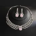 Elegant rhinestone teardrop jewelry set with pink stones and silver lattice necklace earrings - Necklace And Earrings Set (27#) / Pink Silver Hollow