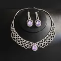 Elegant purple teardrop rhinestone necklace and earring premium jewelry set for women - Necklace And Earrings Set (28#) / Purple Silver Hollow