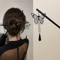 Elegant black butterfly hairpin with translucent pendant for traditional Chinese hair styling - Black Butterfly Tassel Style / Black