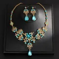 Elegant vintage light blue crystal teardrop necklace and earrings set in gold finish - Necklace And Earrings Set (31#) / Gold Light Blue Floral