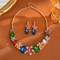 Vintage gold-tone jewelry set featuring colorful teardrop crystals and elegant flower motifs - Necklace And Earrings Set (32#) / Gold-Colorful-Flower