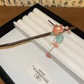 Handmade elegant Chinese style wooden hairpin with pink flowers and hanging beads for women - Pink Green Glaze Tassel Wood Style (14#)