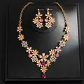 Vintage floral jewelry set with pink crystal teardrop necklace and matching earrings. - Necklace And Earrings Set (33#) / Gold Pink Floral