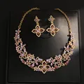 Exquisite vintage floral necklace and earring set with purple crystals and gold-tone finish - 34# Earrings And Necklace - Gold - Purple