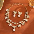 Elegant gold-toned butterfly and flower jewelry set with rhinestones and pearls - 36# Earrings And Necklace - Gold