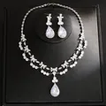 Elegant silver-tone teardrop pendant necklace and earrings set with clear sparkling crystals - 37# Earrings And Necklace - Silver