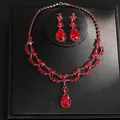 Elegant vintage style jewelry set featuring red teardrop crystal necklace and matching earrings - Necklace And Earrings Set (38#) / Red - Silver Tone