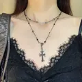 Detailed view of a vintage punk gothic cross necklace with distressed silver and black rhinestones - 4# Gothic Cross Style (4#) / Gun Black-Black Double Layer