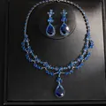 Elegant blue teardrop rhinestone jewelry set with necklace and matching earrings - 40# Earrings And Necklace - Dark Blue