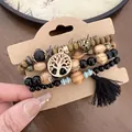Retro ethnic multilayer beaded bracelet with Tree of Life charm and black tassel - Tree Branch Pendant Style (15#) / Black