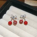 Elegant Ancora red cherry stud earrings featuring pavé bow details and silver logo accents - Ribbon Bow Cherry (35#)
