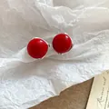Elegant Ankara red round lacquer stud earrings with polished silver-toned metal base - Hemisphere Studs (36#)