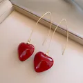 Glossy red heart drop earrings with elegant gold long hook wires for a chic look - Heart Ear Hooks (40#)