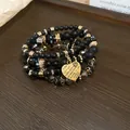 Retro ethnic multi-layer bracelet featuring black agate glass beads and gold heart charm - Heart Pendant Stacking Style (23#) / Dark Blue/Black