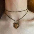 Close-up view of a punk double-layered choker necklace with a heart-shaped leopard pendant. - Style 5 (5#) / Coffee Leopard Print Heart