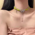 Punk neon yellow leather choker necklace with crystal butterfly and silver chain details - 46# Butterfly Tassel Style (46#) / Green