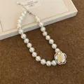 Elegant French retro pearl necklace with a sparkling rhinestone rose flower pendant - Single Layer