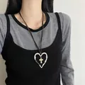 Vintage punk heart and cross pendant necklace with textured metal finish on brown cord - 41# Hollow Heart Cross Style (41#) / Silver-Coffee