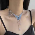 Vintage punk style metal choker necklace with blue butterfly pendant and teardrop beads - 45# Blue Gradient Butterfly Style (45#) / Blue Butterfly