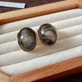 Primer plano exquisito de pendientes retro de resina ahumada con bordes dorados - Dorado-Negro