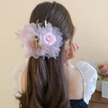 Elegant pink fabric flower hair claw clip with pearl detail for bun hairstyles - 21# Shark Clip
