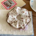 Sweet Korean style teddy bear floral print scrunchie with elegant brown lace trim - Scrunchie / White Dark Coffee Bear