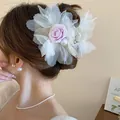Elegant flower pearl hair claw clip with purple rose and white organza petals - 22# Shark Clip